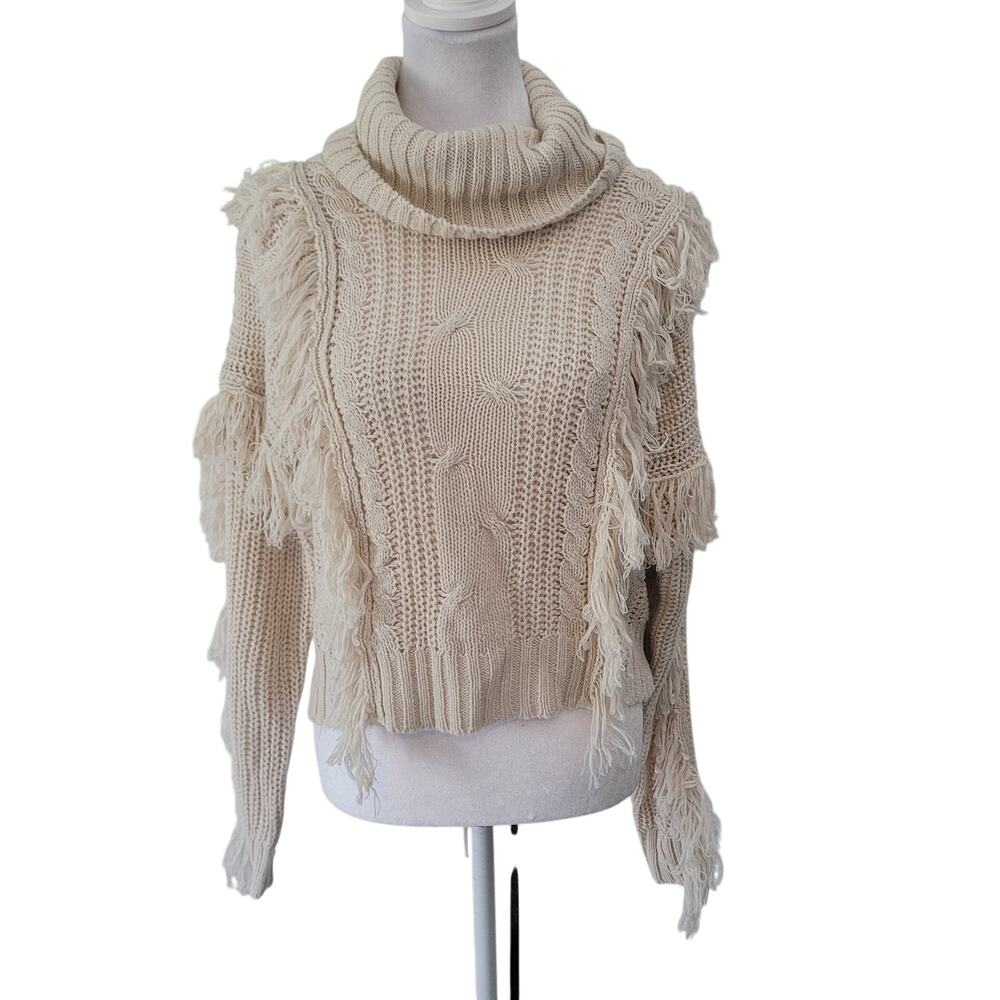 Love by Chelsea Size S Fringe Fisherman Knit Turtleneck Sweater‎ Cream Cozy